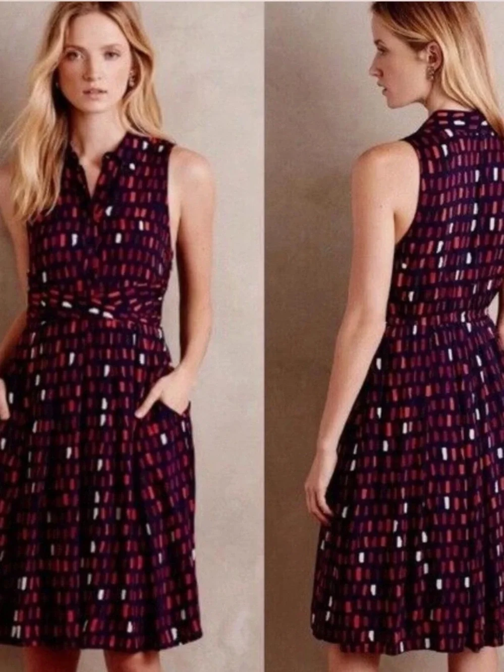 Tylho by Anthropologie Sleeveless Midi Dress in Burgundy and Navy Abstract Print